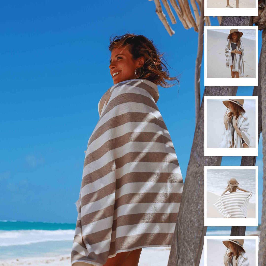 A woman wrapped in a striped Green Petition Delmor FIT Sand Beige towel on a beach with inset images of her wearing the towel.
