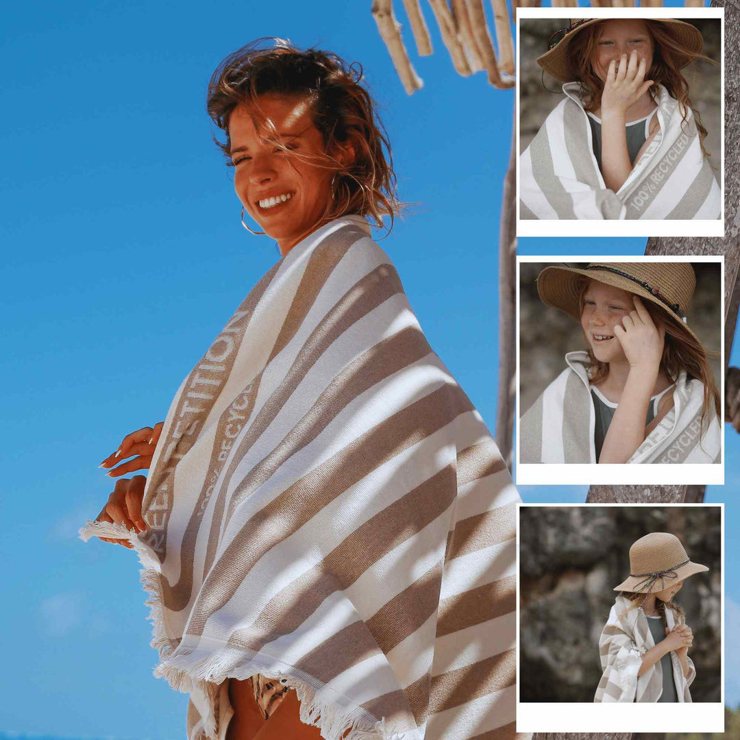 Woman wrapped in a striped Green Petition Delmor FIT Sand Beige towel with inset images of a child wearing a similar towel.