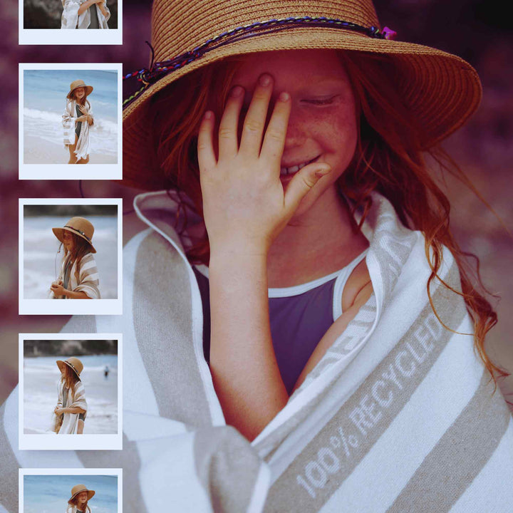 Woman on a beach with multiple smaller images of her in different poses.