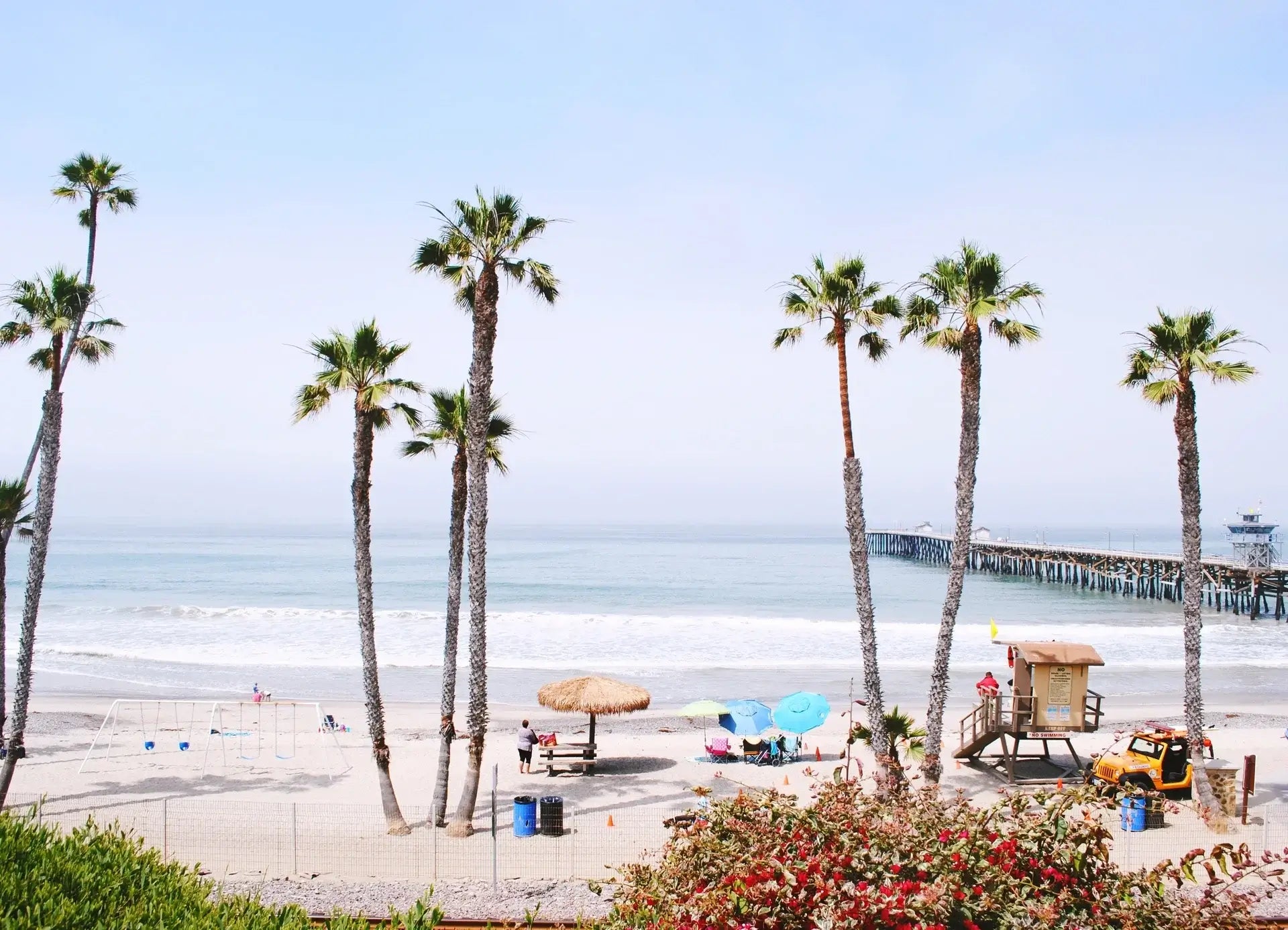 Scenic beach view with palm trees, sandy shores, and pier under a clear sky, perfect for a relaxing getaway.