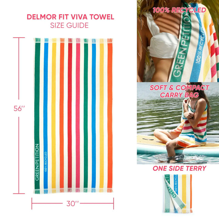 Green Petition Delmor Fit Viva Towel size guide with a woman on a paddleboard and text about recycled content and softness.