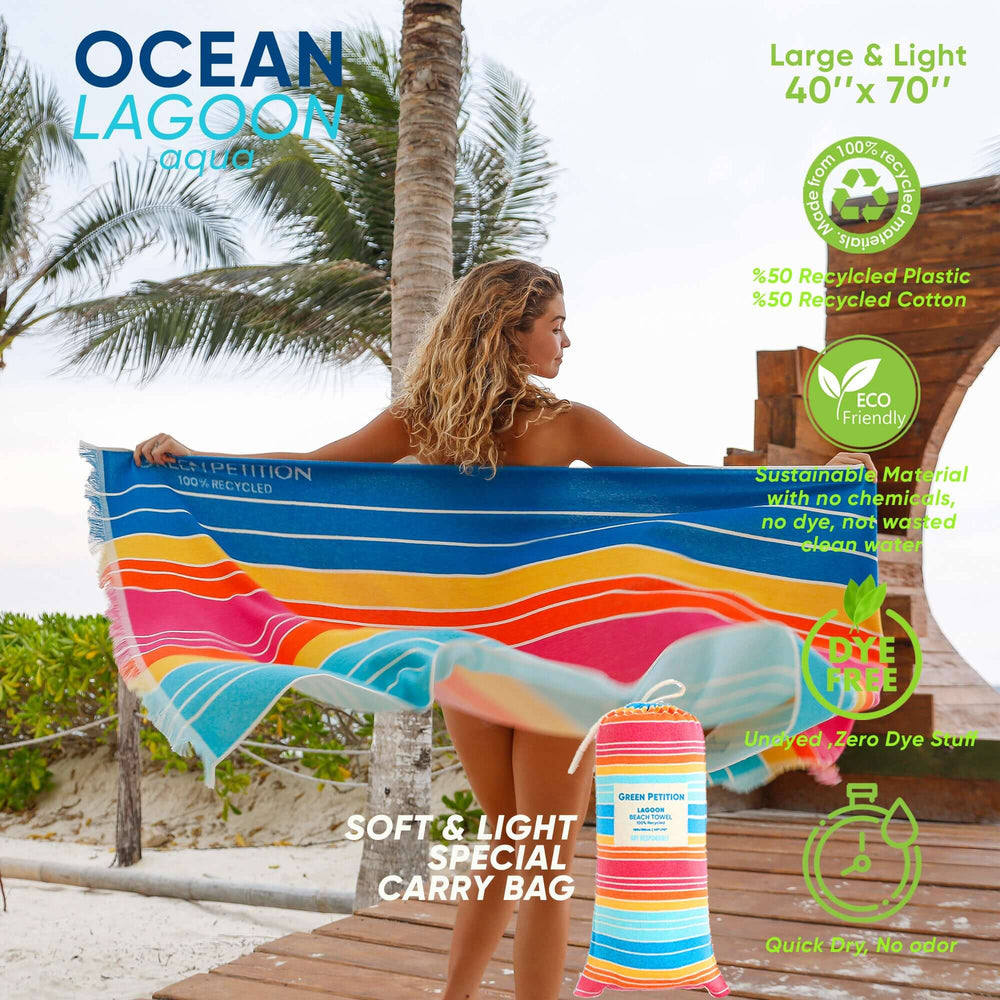 Ocean Lagoon Aqua Beach Towel, large and lightweight, made of 50% recycled materials, eco-friendly design, carries in special bag.