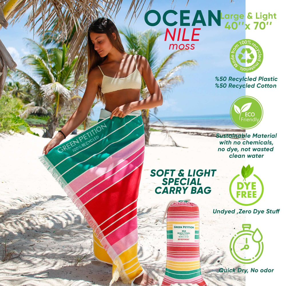 Ocean Nile Moss Beach Towel, eco-friendly, made from recycled materials, lightweight, large size, with a special carry bag.